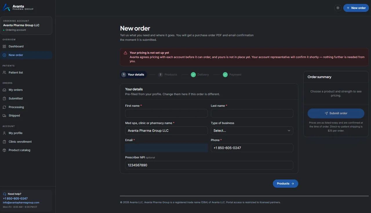 The new order form in the Avanta ordering portal, with a four step flow of your details, products, delivery and payment, an order summary panel, and a notice that pricing is agreed per account before ordering.