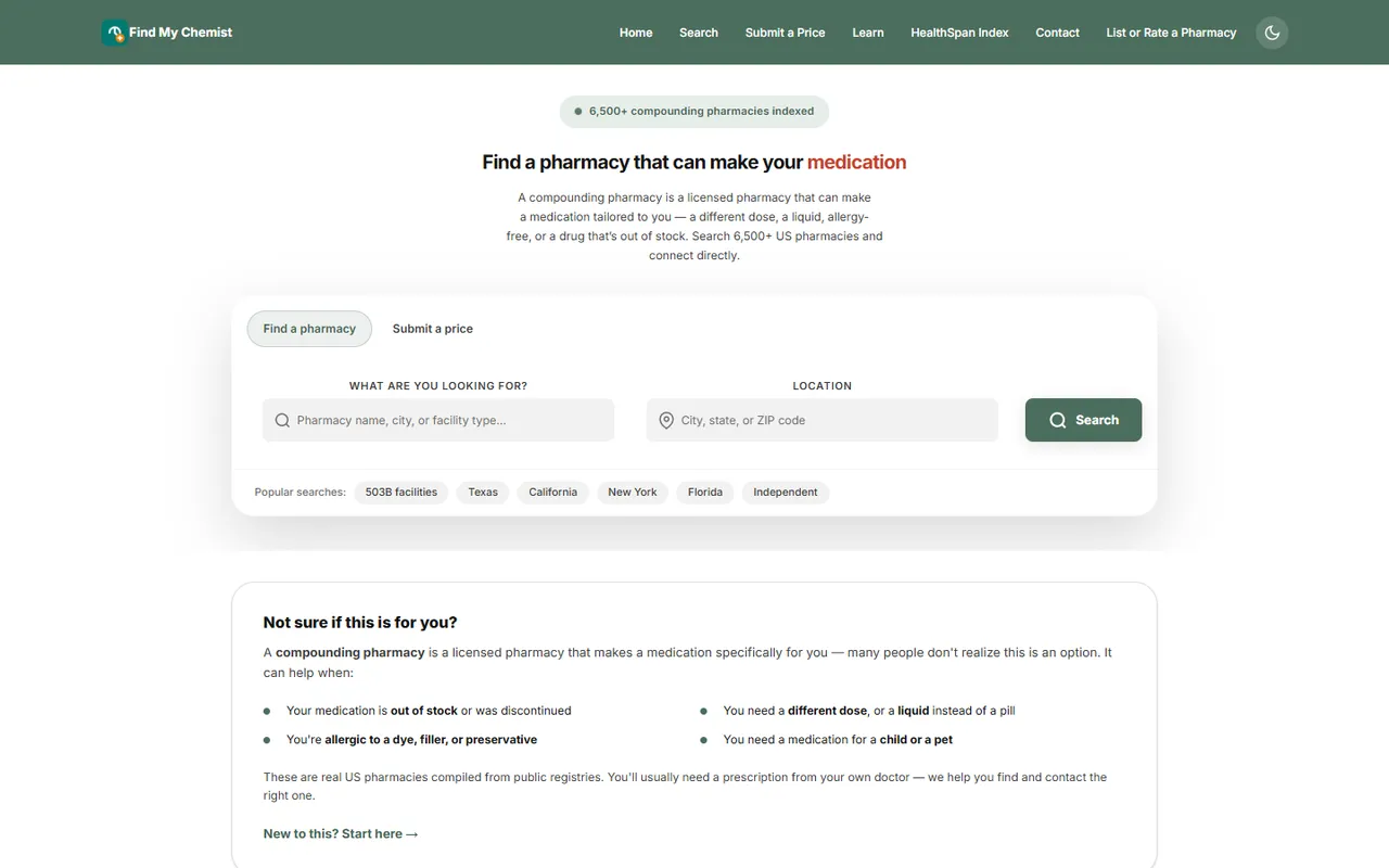 The public homepage of Find My Chemist, as it appeared when captured.