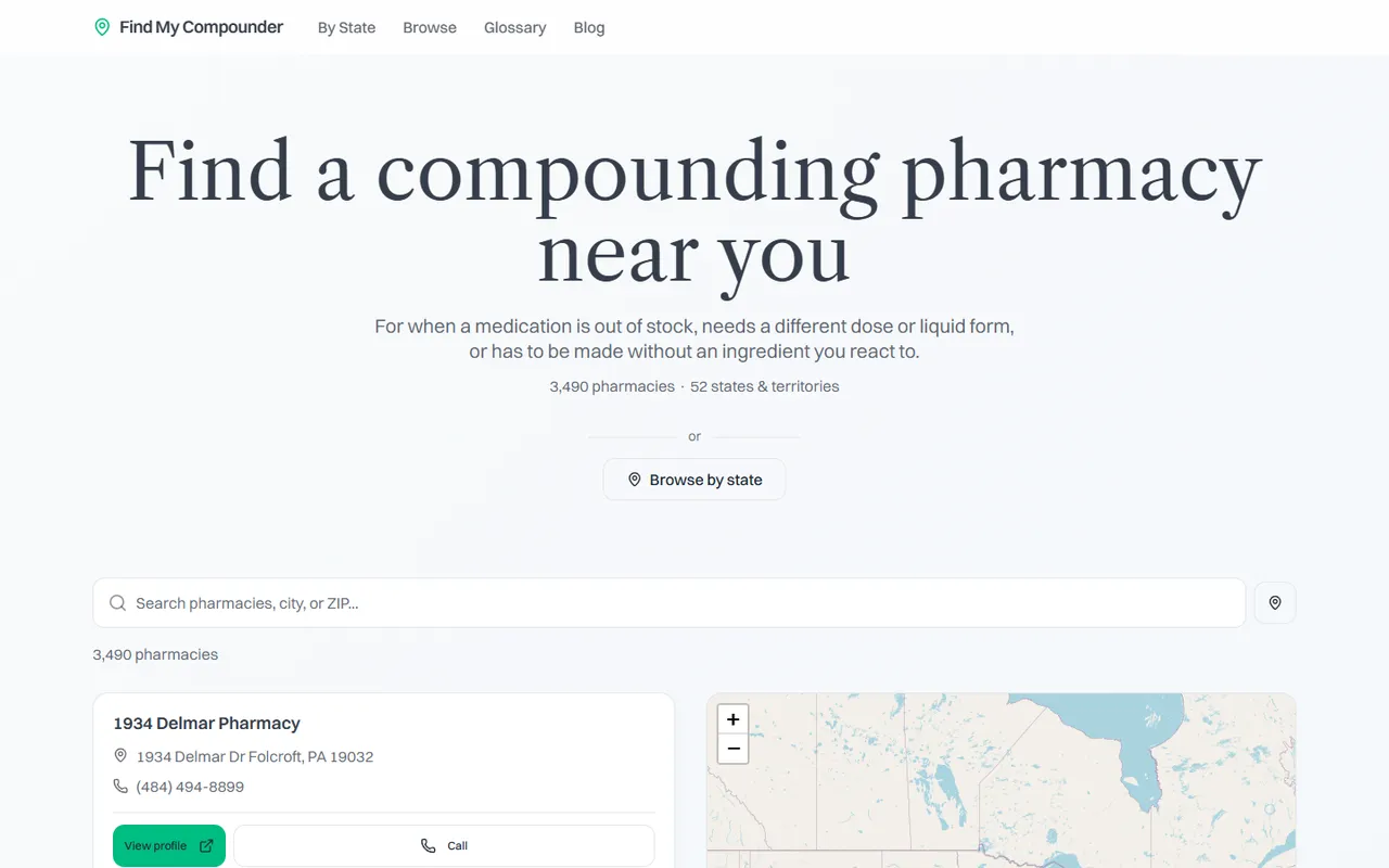 The public homepage of Find My Compounder, as it appeared when captured.